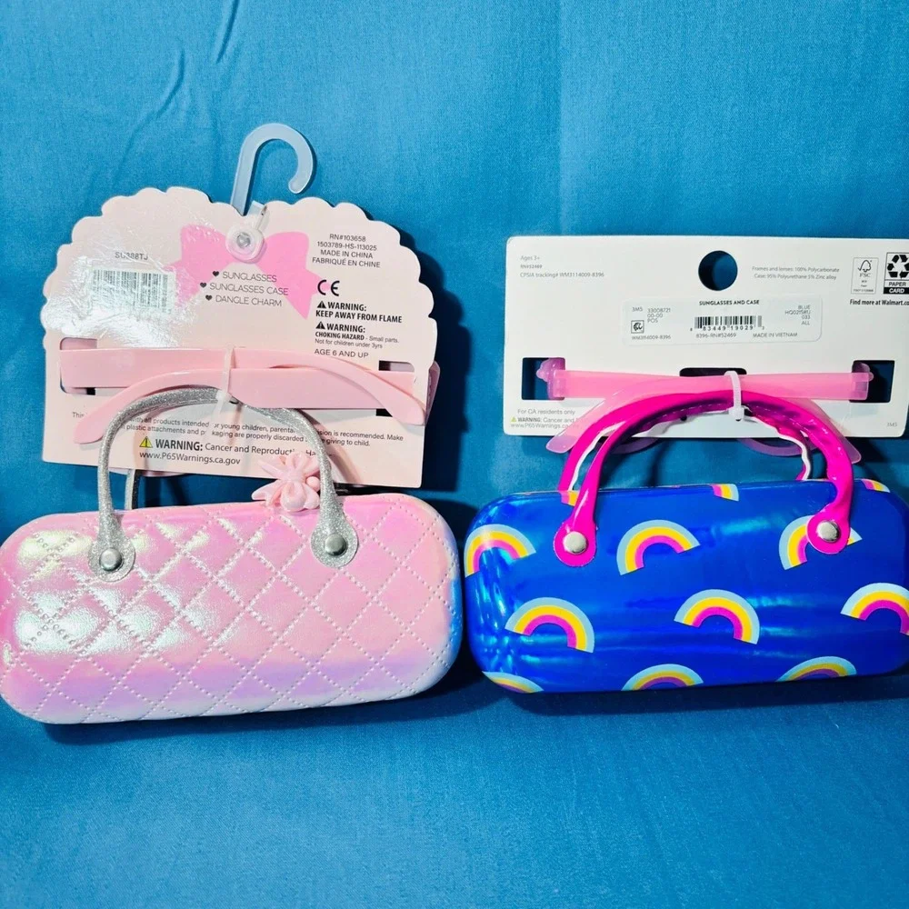 Kids Sunglasses Lot 2 Pack Rainbow Pink Heart Quilted Cases UV Protection NWT